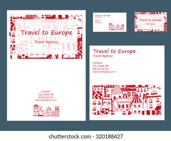 Corporate Identity vector templates set with doodles houses and cottages. Town background design. Vector company style for brandbook and guideline. Use for travel agency or real estate company.