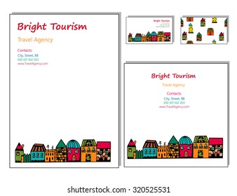 Corporate Identity vector templates set with doodles houses and cottages. Town background design. Vector company style for brandbook and guideline. Use for travel agency o real estate company.