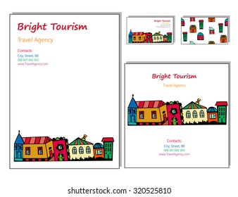 Corporate Identity vector templates set with doodles houses and cottages. Town background design. Vector company style for brandbook and guideline. Use for travel agency o real estate company.