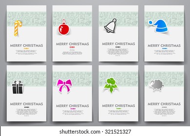 Corporate identity vector templates set with doodles Christmas theme. Target marketing concept