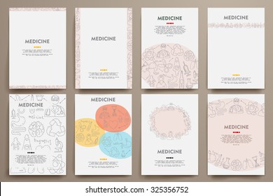 Corporate identity vector templates set with doodles medicine theme. Target marketing concept