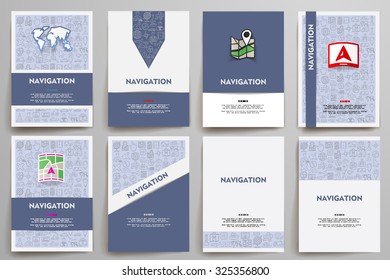Corporate identity vector templates set with doodles navigation theme. Target marketing concept