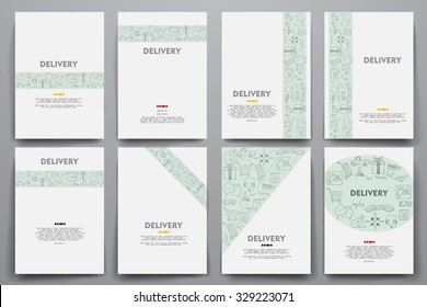 Corporate identity vector templates set with doodles delivery theme. Target marketing concept