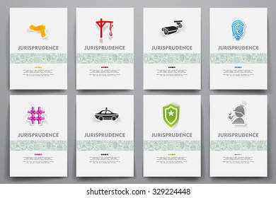 Corporate identity vector templates set with doodles jurisprudence theme. Target marketing concept