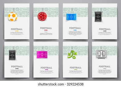 Corporate identity vector templates set with doodles football theme. Target marketing concept