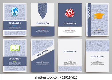 Corporate identity vector templates set with doodles education theme. Target marketing concept