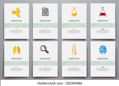 Corporate identity vector templates set with doodles medicine theme. Target marketing concept