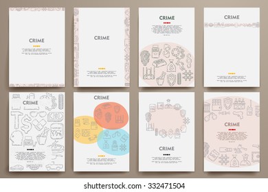 Corporate identity vector templates set with doodles crime theme. Target marketing concept