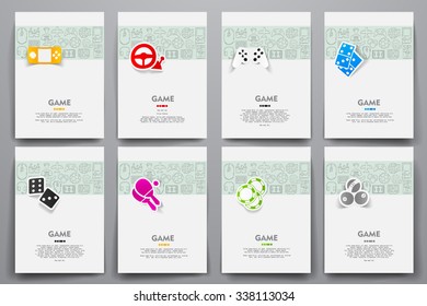 Corporate identity vector templates set with doodles gaming theme. Target marketing concept