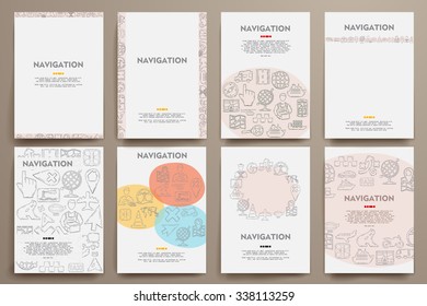 Corporate identity vector templates set with doodles navigation theme. Target marketing concept