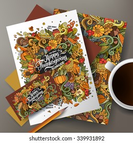 Corporate Identity vector templates set design with doodles hand drawn Thanksgiving theme. 