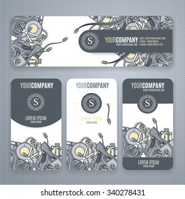 Corporate Identity vector templates set with doodles it theme in gray colors.  Office stuff, phone, wires with connectors, cup of cofee, clips.