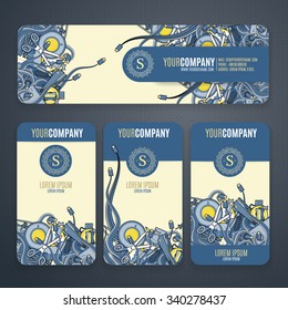 Corporate Identity vector templates set with doodles it theme in navy colors .  Office stuff, phone, wires with connectors, cup of cofee, clips.