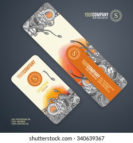 Corporate Identity vector templates set with doodles it theme in cartoon gray colors on watercolor background.  Office stuff, phone, wires with connectors, cup of coffee, clips.