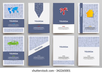 Corporate identity vector templates set with doodles tourism theme. Target marketing concept