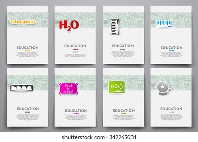 Corporate identity vector templates set with doodles education theme. Target marketing concept
