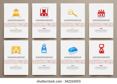 Corporate identity vector templates set with doodles jurisprudence theme. Target marketing concept