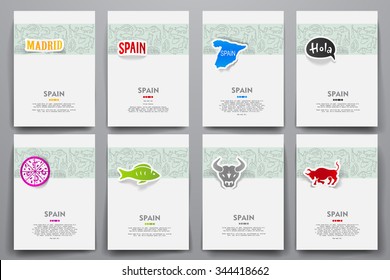 Corporate identity vector templates set with doodles Spain theme. Target marketing concept