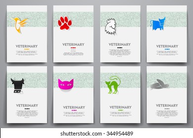 Corporate identity vector templates set with doodles veterinary theme. Target marketing concept