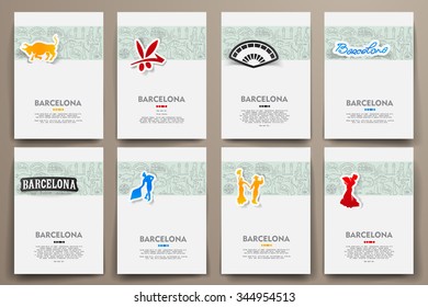 Corporate identity vector templates set with doodles Barcelona theme. Target marketing concept