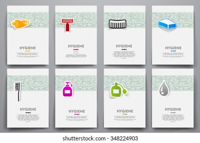 Corporate identity vector templates set with doodles hygiene theme. Target marketing concept