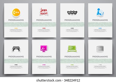 Corporate identity vector templates set with doodles programming theme. Target marketing concept