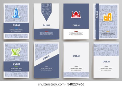 Corporate identity vector templates set with doodles Dubai theme. Target marketing concept