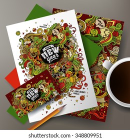 Corporate Identity vector templates set design with doodles hand drawn New Year theme.