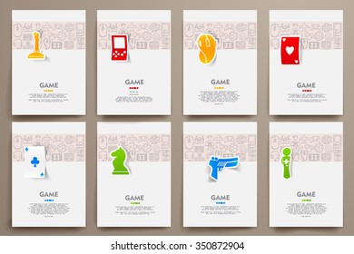 Corporate identity vector templates set with doodles gaming theme. Target marketing concept