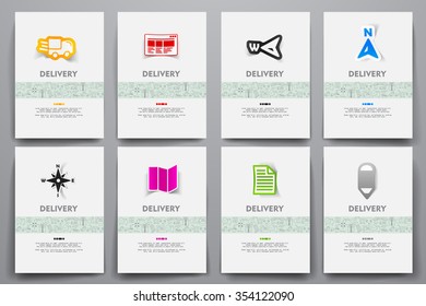 Corporate identity vector templates set with doodles delivery theme. Target marketing concept