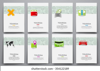 Corporate identity vector templates set with doodles tourism theme. Target marketing concept