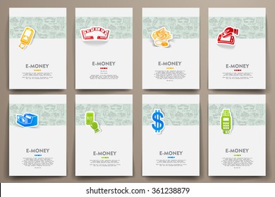 Corporate identity vector templates set with doodles e-money theme
