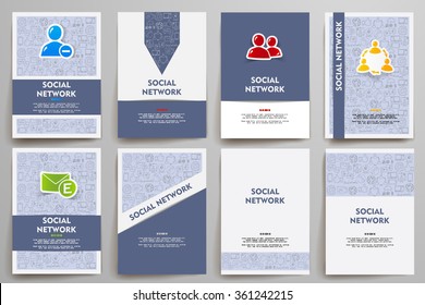 Corporate identity vector templates set with doodles social network theme