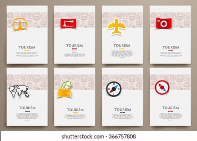 Corporate identity vector templates set with doodles tourism theme