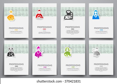 Corporate identity vector templates set with doodles professions theme