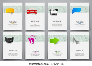 Corporate identity vector templates set with doodles fashion theme