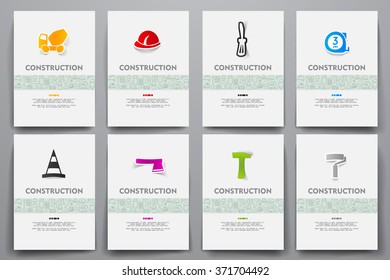 Corporate identity vector templates set with doodles construction theme