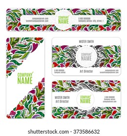 Corporate Identity vector templates set with flowers and leaves in zentangle doodle style