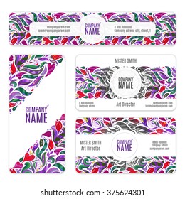 Corporate Identity vector templates set with flowers and leaves in doodle style. Violet lilac pink colors.