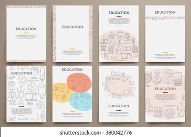 Corporate identity vector templates set with doodles education theme