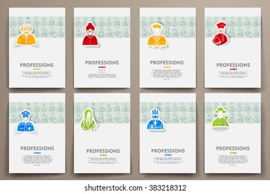 Corporate identity vector templates set with doodles professions theme