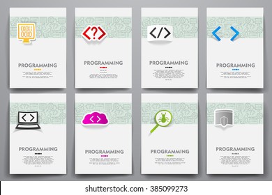 Corporate identity vector templates set with doodles programming theme