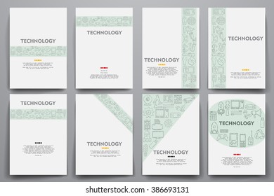Corporate identity vector templates set with doodles technology theme