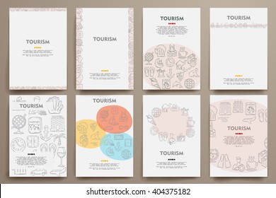 Corporate identity vector templates set with doodles tourism theme