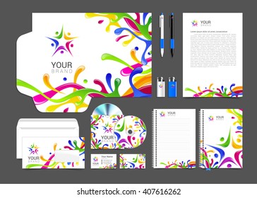 Corporate Identity vector templates set with watercolor colorful dots paint logo.