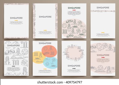 Corporate identity vector templates set with doodles Singapore theme