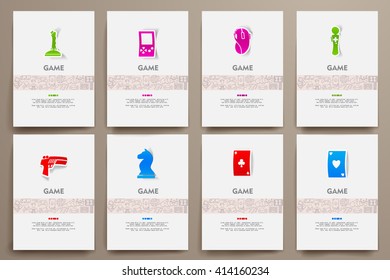 Corporate identity vector templates set with doodles gaming theme
