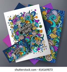 Corporate Identity vector templates set design with doodles hand drawn Underwater life theme. Doodle underwater illustration.