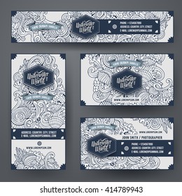 Corporate Identity vector templates set design with doodles hand drawn Underwater life theme. Line art banner, id cards, flayer design. Templates set