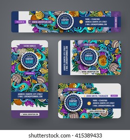 Corporate Identity vector templates set design with doodles hand drawn Underwater life theme. Colorful banner, id cards, flayer design. Templates set